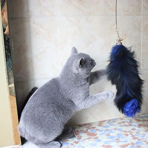 Fosrion Real Colored Yellow Silver Fox Tail Fur Hair Cat Bites Hunting Catching Accompanying Toy (Tanned Blue, Only Tail)