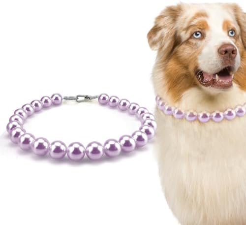 Chunky Pearl Dog Necklace (Beads 20mm),Elegant Classic Super Big Pearl Collar Necklace Accessories for Medium Large Dogs Occasions and Gatherings (Purple, L(Neck Girth17''-18.5''))