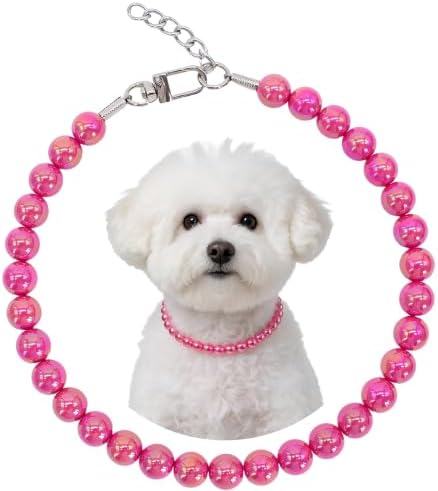 Iridescent Hot Pink Beaded Dog Collar, Fashion Pet Necklace for Medium Dog