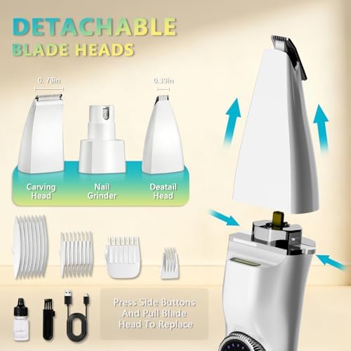 5-in-1 Dog Grooming Kit, Dog Paw Trimmer with LED Display and Light 11-Speed Rotary Knob Low Noise Stainless Steel Blade, Wireless Charging Pet Shaver Ideal Trimming Paw Eye Ear Facial Hair