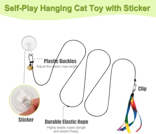 Door Hanging Cat Toys with Suction Cups, Interactive Hanging Feather & Plush Cat Toy with Bell, Assorted Replaceable Refills for Indoor Kitten Hunting Exercise & Boredom Relief (Ribbon)