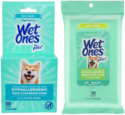 Wet Ones for Pets Hypoallergenic Face Cleansing Pads Fragrance-Free 3.2 in Round 50 ct + Extra Gentle Dog Wipes with Witch Hazel Fragrance-Free Snout Eye Ear 30 ct Bundle