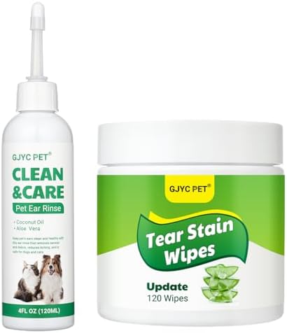 Dog Ear Infection Treatment, Dog Ear Cleaning Solution, Dog Ear Rinse Dog Eye Wipes, 120 Pet Tear Stain Wipes for Dogs and Cats,