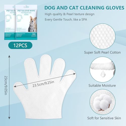 Pet Glove Wipes for Dogs, Hypoallergenic Dog Wipes Cleaning Deodorizing, Thick Disposable Cat Grooming Gloves, No-Rinse Dog Washing Bath Gloves for Fur Butt Paws Ears, Dry Cleaning Daily Care Travel