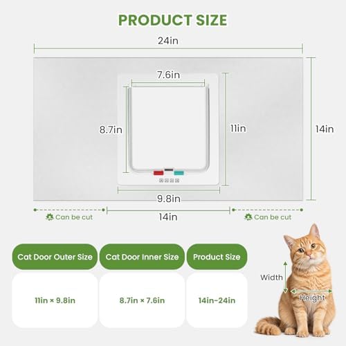 Cat Window Door Insert, Fits 14-24 Inch, Frosted Plexiglass, 4 Lock Modes