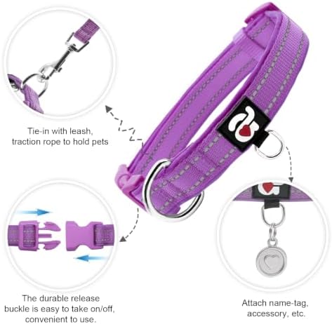 azuza Reflective Dog Collar, Neoprene Padded Medium Dog Collar, Purple, M