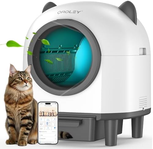 OROLEY Self Cleaning Litter Box, Automatic Litter Box,Odor Control Robot, Cat Ears Design,APP Real-Time Monitor, Cat Litter-Boxs for Multiple Cats,Infrared Safety Sensor, with 1 Trash Bag,White
