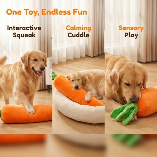 Giant 29.5" Carrot Plush Dog Toy, Long Lasting Squeaky & Crinkle Chew Toy for Boredom, Hypoallergenic Calming Stuffed Puppy Toy for Large Dogs, Cute Pet Gift for Interactive Indoor Play(1)