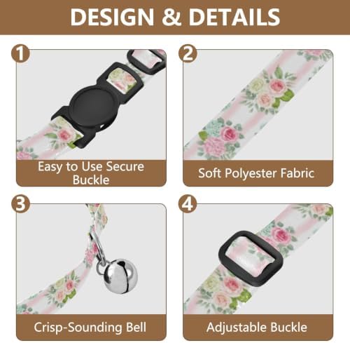 Striped Floral Bouquet Cat Collars with Bell 2 Pack Cat Collar Adjustable 10.6 to 17.1 Inches