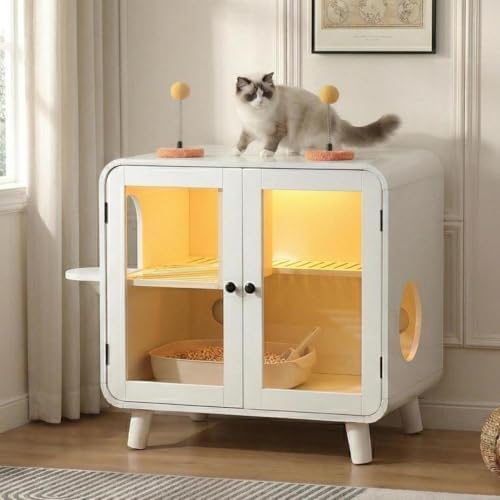 Smart Cat Litter Box Enclosure with RGB LED Light, TV-Stvle Cat Cabinet with Transparent Doors,Side Steps, Pom-Pom Toys,Indoor Pet House for Living Room,Bedroom(30.7"*23.6"*28",White)