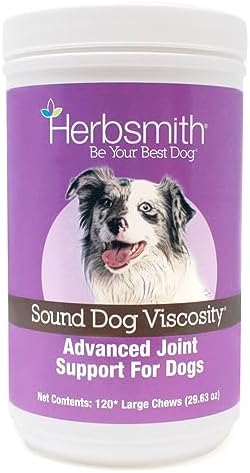 Herbsmith Sound Dog Viscosity – Advanced Joint Support for Dogs – Veterinarian Recommended Glucosamine for Dogs, Hyaluronic Acid, Chondroitin, MSM – Natural Arthritis Pain Relief – 120ct Large Chews