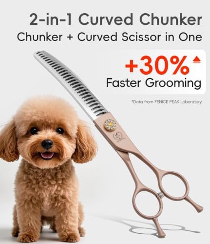 Professional Curved Chunker Dog Grooming Scissors 7.0'' Rose Gold Thinning Shears Extremely Sharp Blades 440C Stainless Steel Thinning Shears Durable Smooth Fine Cut for Dogs and Cats.