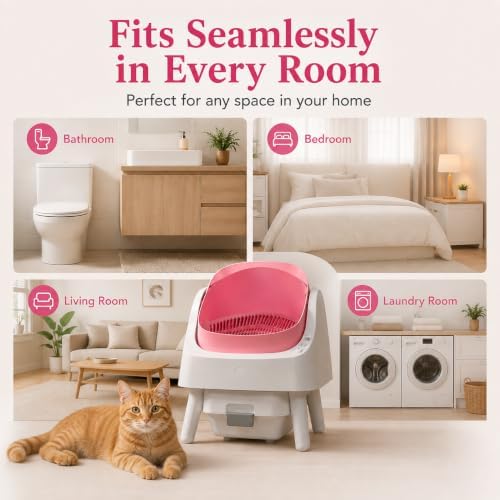 Self Cleaning Litter Box, Open-Top Automatic Cat Litter Box, with 10L Large Waste Container, Easy Maintenance, Bright Pink
