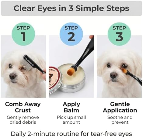 Dog Tear Stain Balm with Brush and Comb Set - Natural Eye Gunk & Crust Remover for Dogs and Cats - Double Sided Pet Grooming Tool & Detailed Eye Comb for White Fur - Safe Daily Eye Care Kit