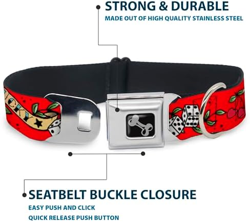 Dog Collar Seatbelt Buckle Lucky Red, 16 to 23 Inches, 1.5 Inch Wide