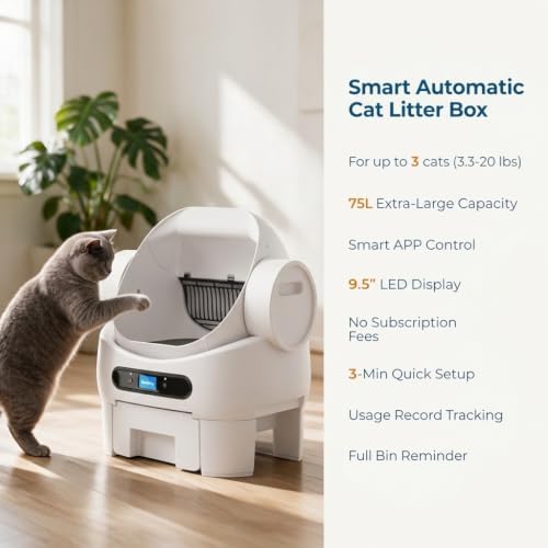 Automatic Litter Box Self Cleaning, Smart Cat Litter Box with 10 Safety Sensors, Open Top Self-Cleaning Litter Box for Multiple Cats, APP Control, 9.5L Waste Bin, 40dB Ultra Quiet for Multi-Cat