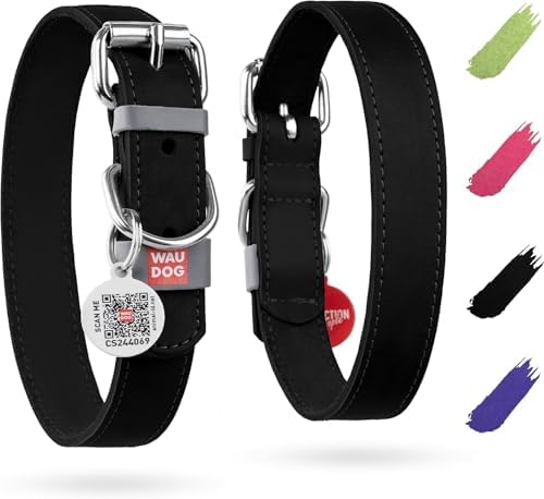 WAUDOG Genuine Leather Dog Collar Adjustable Large Medium Small QR Code Tag