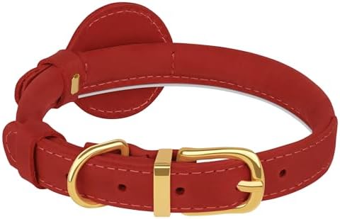 OOPSDOGGY Rolled Leather Dog Collar with Airtag Holder - Reflective Round Airtag Dog Collar - Soft Tracking Pet Collar for Small Dogs Puppy Cats Kitten (Red, L, 14"-18")