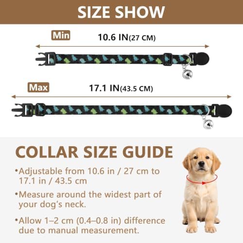 Cute Dino Night Black Metal Bell Included Small Dog Collar 2 Pack Comfortable Cat Collar
