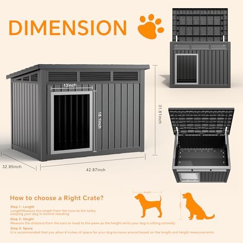 Vixzen Dog House Outdoor - 42 Inch Weatherproof Doghouse with Openable Roof for Easy Cleaning, Indoor Dog House Medium Size Dog with Spacious Interior & Slanted Roof, Doghouse Outdoor (Black)