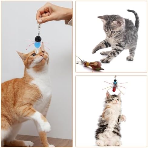 Cat Insect Feather Toys Replacement Cat Toy Wand Refills, 6 Pieces Natural Insect Cat Toy Feathers Refill, Interactive Cat Teaser Wand Attachments, with Bell(Style 8)