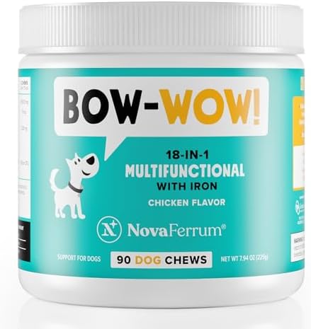NovaFerrum Bow Wow | 18-in-1 Multifunctional with Iron Supplement for Dogs | Blood Support for Anemia | Glucosamine | Probiotics | Antioxidants | Chicken Flavor | 90 Chews