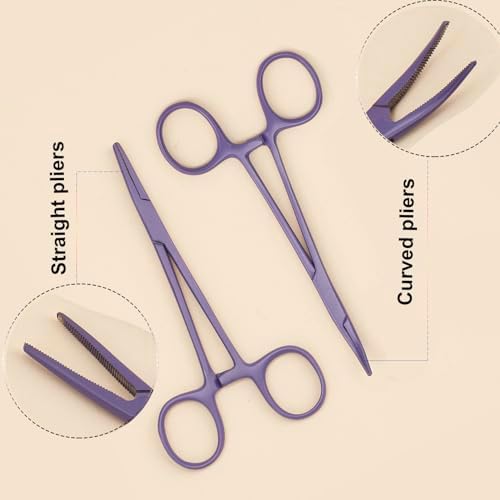 Pets ears/nose hair Puller Straight & Curved full serrated, stainless steel Home Hemostat Locking Forceps, Professional pet grooming tool for cats & dogs 2pcs set （purple）