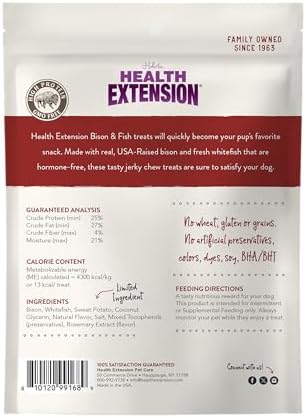 Health Extension Bison & Fish Dehydrated Jerky Dog Treats – 14 oz – Protein-Rich, Grain-Free, Made in USA – Limited Ingredients for Sensitive Dogs & Training Rewards