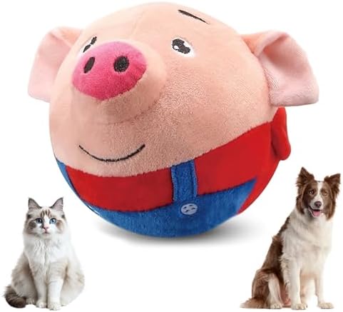 Jiexily Active Moving Pet Plush Toy, 2025 New Squeaky Moving Dog Ball Toy Interactive Puppy Toys, Rechargeable Cartoon Plush Bounce Talking Toys to Keep Them Busy (Red Pig)