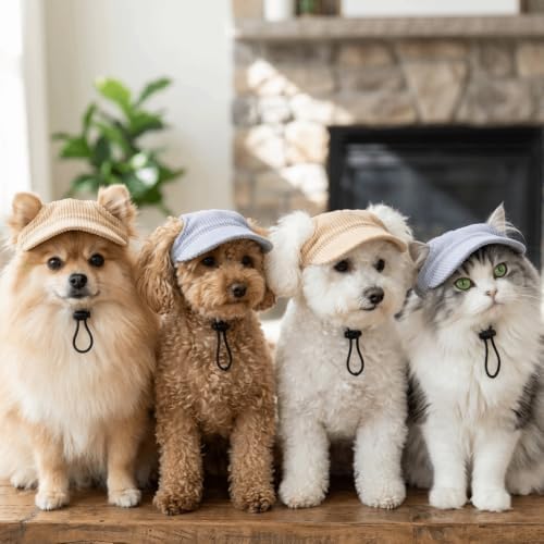 Pet Sun Hat for Dogs and Cats, Corduroy Baseball Cap with Adjustable Chin Drawstring, Ear Cutouts, Summer Outdoor Shade(S,Blue)