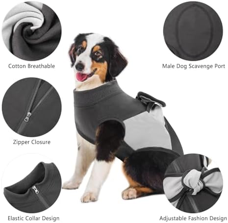 SAWMONG Recovery Suit for Dogs, Cotton Dog Surgery Suit Female Spay Pet Male Zipper Breathable, Neuter Onesie Bodysuit Prevent Licking Wounds, Substitute E-Collar & Cone(Gray, Medium)