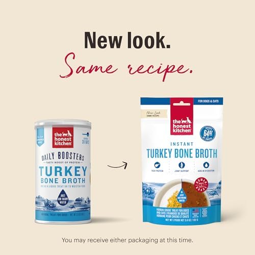 The Honest Kitchen Instant Turkey Bone Broth for Dogs & Cats with Turmeric, Human Grade Pet Food, Hydration Supplement, Digestive & Joint Support, Meal Topper, Treat or Enrichment, 3.6 oz Makes 64 oz