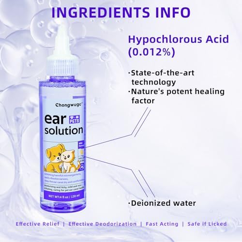 Pets Ear Cleaner for Dogs & Cats, Alleviate Infections, Deodorizing and Itchy, Clean Wax, Mild and Non-irritating, Care for Pet, with 20 Cotton Swabs, 4 fl oz