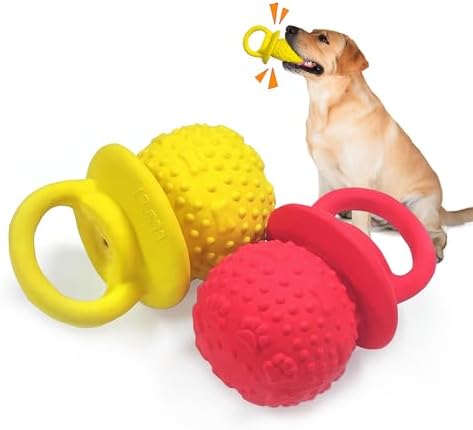 Latex Chew Dog Toys, Novelty Squeaky Pacifier Dog Toys for Teething Puppies, Mild Chewing Small, Medium, Large Dogs, Pet Dogs Supplies Newborn Puppy Gift (Red+Yellow 2 Pcs)