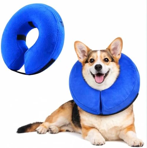 Inflatable Dog Cone Collar Alternative – Soft Recovery Donut E-Collar for Small, Medium, and Large Dogs & Cats After Surgery (Blue, M [13"-18"])