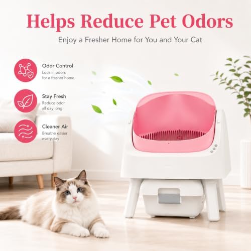 Self Cleaning Litter Box, Open-Top Automatic Cat Litter Box, with 10L Large Waste Container, Easy Maintenance, Bright Pink