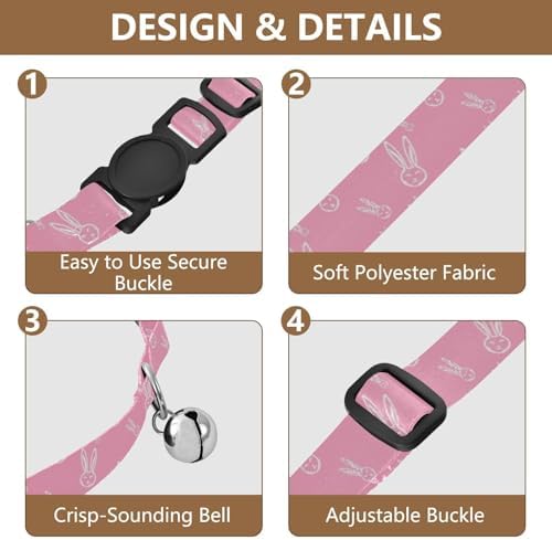 Cute Rabbit Faces Pink Lightweight Small Dog Collar, 2 Pack Cat Collar Breakaway with Bell