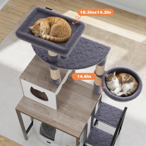 HavenlyYouth Cat Tree for Self-Cleaning Litter Box, 67.3''H Multi-Level Cat Tower for Automatic Litter Box 28.9H*24.1''L*21.1''D, Cat Tree Furniture with Perch and Cozy, Light Gray