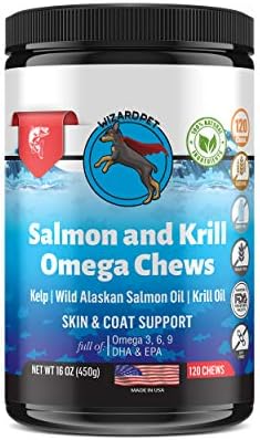 Wild Alaskan Salmon Krill Oil Chews for Dogs - 120 Soft Treats - Omega 3 6 9 Fish Supplement EPA, DHA for Itch-Free Skin Coat Joints - Allergy Relief - Reduce Hair Shedding - Made in USA