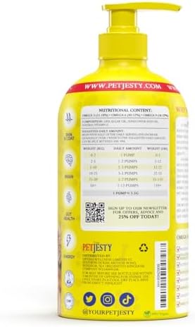 PetJesty Pure Omega 3 Oil for Dogs & Cats 26.39oz - Omega 3 Skin & Coat Support- Liquid Food Supplement for Pets - Vegan pet + DHA for Joint Function, Immune & Heart Health, Non Fish Oil Dog and Cat