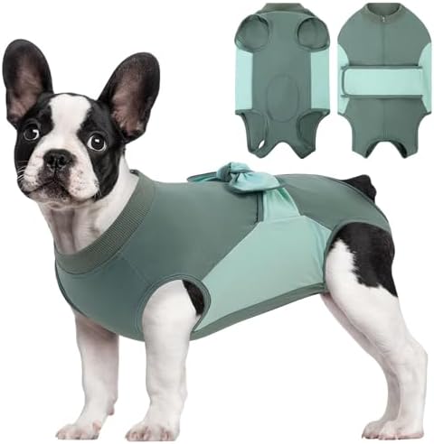 SAWMONG Recovery Suit for Dogs, Cotton Dog Surgery Suit Female Spay Pet Male Breathable, Zipper Neuter Onesie Bodysuit Prevent Licking Wounds, Substitute E-Collar & Cone(Green, Medium)
