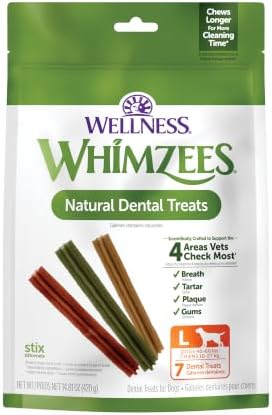 Whimzees Wellness Stix Natural Dog Dental Treat, Chews, Freshens Breath, Large Size Sticks, 14.81 oz Bag, 7 Count