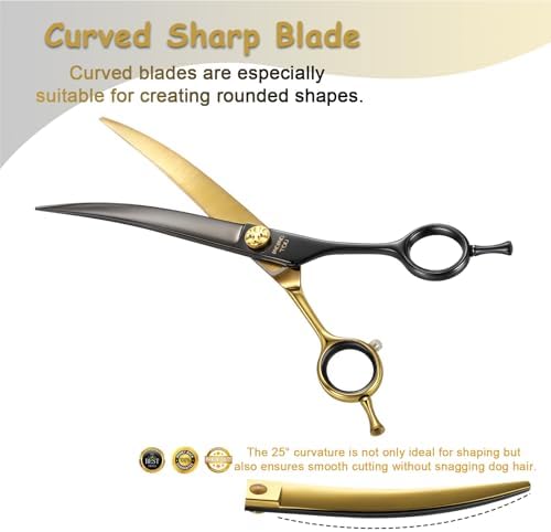 7'' Black & Gold Dog Grooming Scissors Set with Comb Curved Thinning Chunker Straight Shears 4PCS in Scissors Bag 440C Stainless Steel Sharp and Durable for Groomers and Beginners.