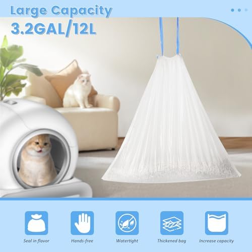 80 Count Cat Litter Bags, Self Cleaning Litter Box Liners, 18.2 x 18.2 inches Replacement Drawstring Bags Fit for Automatic Robot Box (80 Counts/4 Rolls）