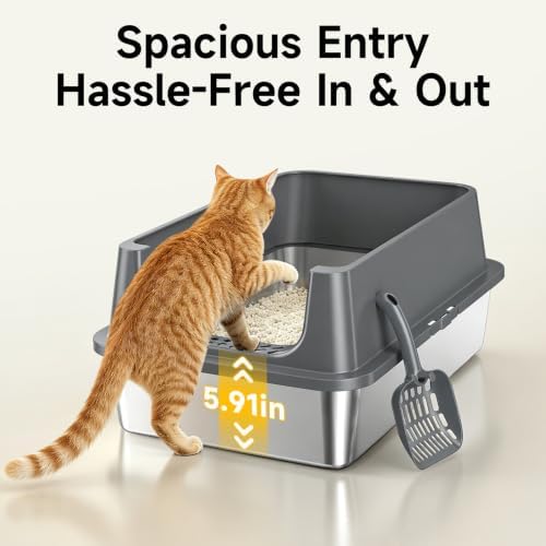 XL Open Top Stainless Steel Litter Box Large with High Sides,Gray