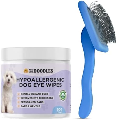 We Love Doodles Dog Eye Wipes & Dog Slicker Brush - Pre-Soaked Eye Wipes for Dogs, Tear Stain Remover for Dogs, Pet Eye Wipes, Long Pin Brush for Dematting, Dog Brush for Grooming Pet Hair