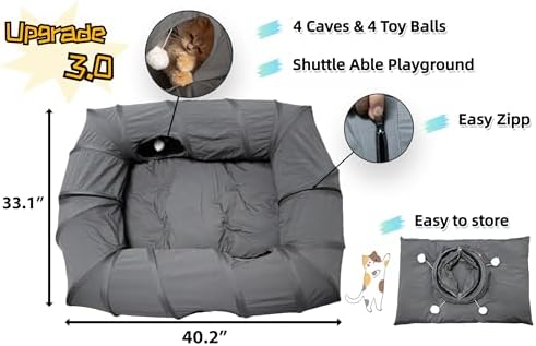 XxingSheep 4 Ways Shuttled XL Cat Tunnel Bed for Indoor Cats Peekaboo Cat Cave Donut with Cool Mat (Dark Gray)