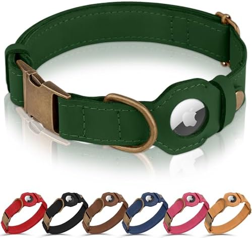 AirTag Dog Collar - Genuine Leather Dog Collar with Apple AirTag Holder and Metal Buckle - Smart GPS Tracking Pet Collars (Dark Green, XL, 20"-25" Neck Fit)