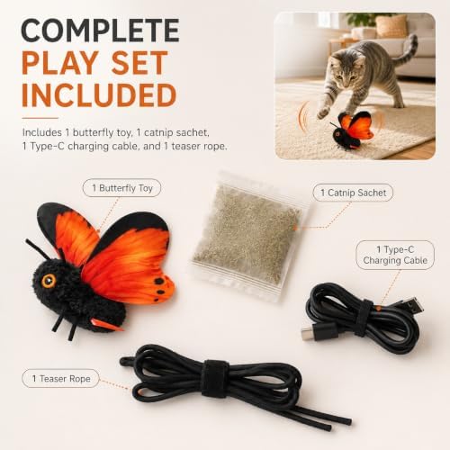 Smart Sensing Flapping Butterfly Cat Toy, Rechargeable Interactive，Orange