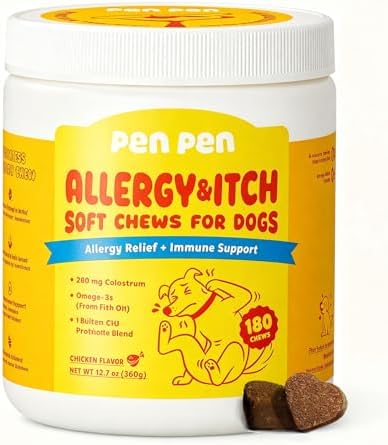 PENPEN Dog Allergy Chews - Turmeric & Omega 3 (Fish Oil) for Antioxidant Support, Anti-Itch Skin Health & Probiotics for Gut & Immune - Chicken Flavor - 180 Soft Chews
